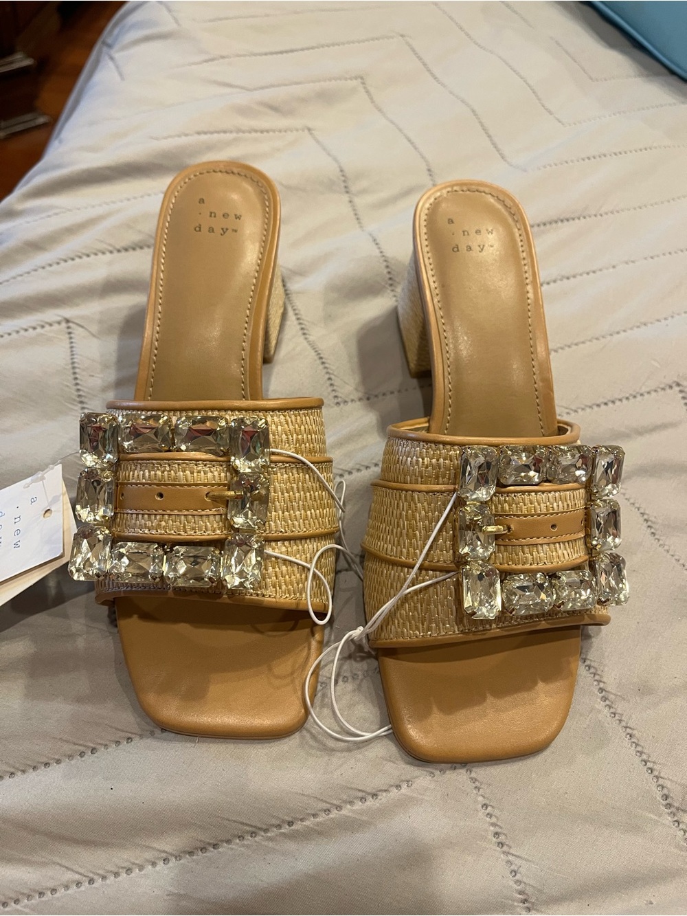 a new day Tan Raffia Slide Mules with Crystal Buckle Accents